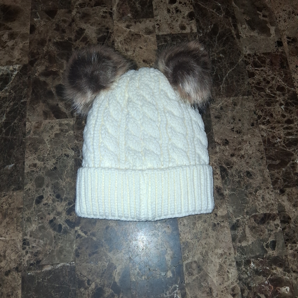 Cozy White Knit Kids Hat with Faux Fur Pom Poms